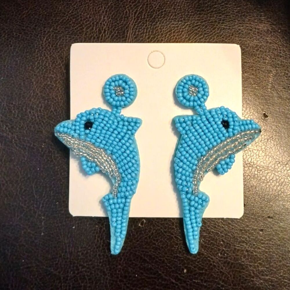 Seed Beaded Dolphin Earrings in Turquoise and Silver Beads